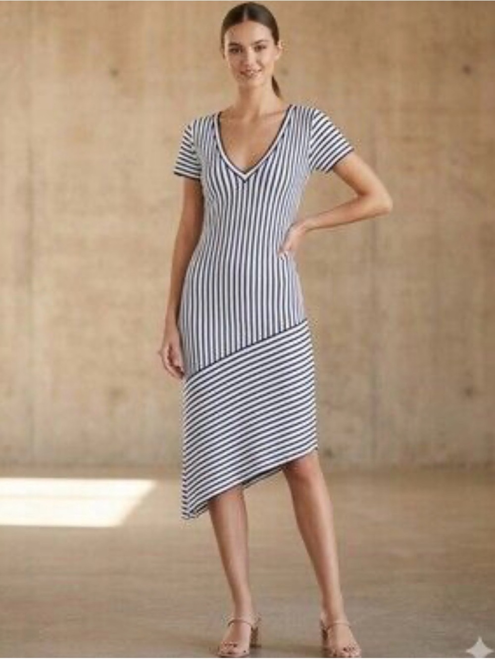Zara trafaluc Navy & White Striped V‑Neck Asymmetrical Midi Dress